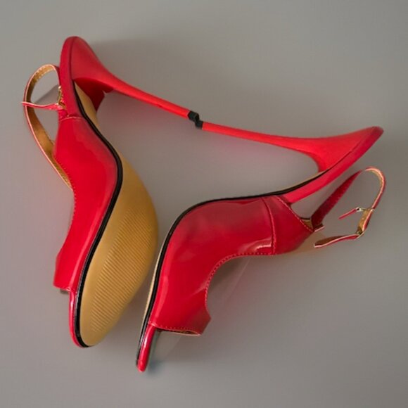 Hey Se Mey Red Patent Leather Stiletto 6 Inch Sling Back Heel Pump Shoes - Picture 4 of 6